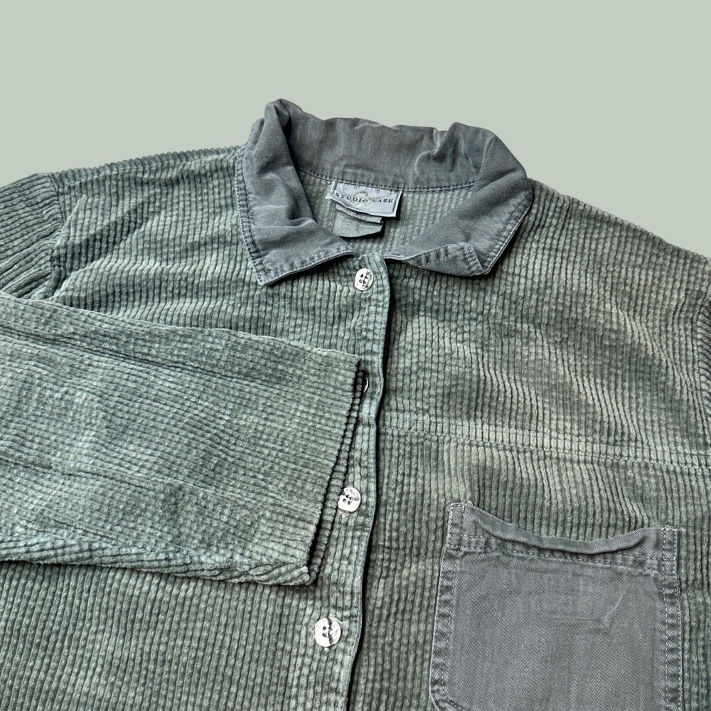 Studio Ease Shirt Womens 1X Corduroy Sage Green Button-Down Pocket Long Sleeve